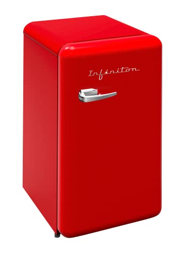 INFINITON FG-V158 - Frigorífico Vintage, Rojo, 90L, 1 puerta, Chilling Area, Cajón Crisper Box, 2 Bandejas cristal, 3 balcones, Funcionamiento silencioso 41dB