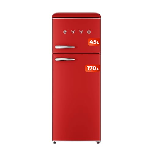 EVVO Frigorífico combi Retro, 2 Puertas, Nevera 170 L, Congelador 45 L, Diseño Vintage, Cajón Crisper Zone, Sin CFC, Control Temperatura, Silencioso Modelo: F45 Retro Color: Rojo