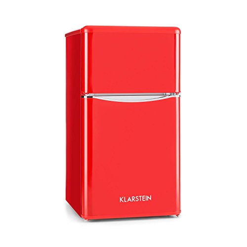 KLARSTEIN Monroe Red 2020 Edition - Nevera con congelador, Frigorífico combi, Minibar, Capacidad total 85 L, 40 dB, Estantes de cristal, Eficiencia energética Clase F, Estilo vintage, Rojo