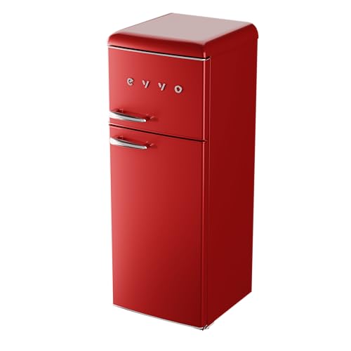 EVVO Frigorífico 2 puertas F45 Retro Rojo, refrigerador 170 litros, congelador 45 litros, diseño vintage, cajón Crisper Zone, sin CFC, silencioso (Rojo)