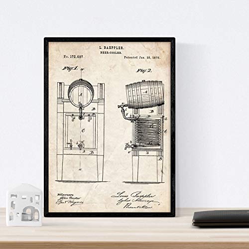 Nacnic Poster con patente de Nevera cerveza. Lámina con diseño de patente antigua en tamaño A3 y con fondo vintage