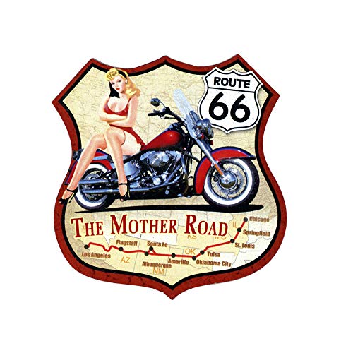 Imán De Nevera Impreso En Estilo Vintage En Madera – Idea Regalo (Route 66 con moto roja)